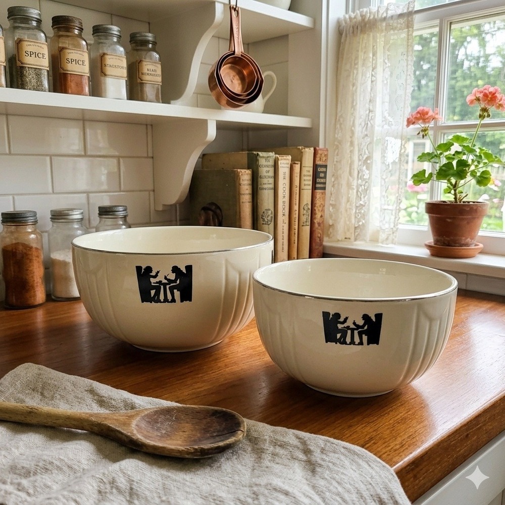 Vintage Halls Superior Kitchenware Silhouette Mixing Bowls Set 2 Silver Trim USA